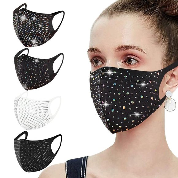 Black Rhinestones Studded Bling Face Mask - Picture 3 of 4